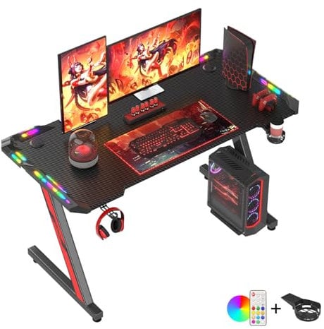 Homall Gaming Desk with LED Lights, 120 x 60cm RGB Gaming Table Z Shape, Large Computer Desk with Headphone Hook and Cup Holder, Gamer Table for Home Office, Black