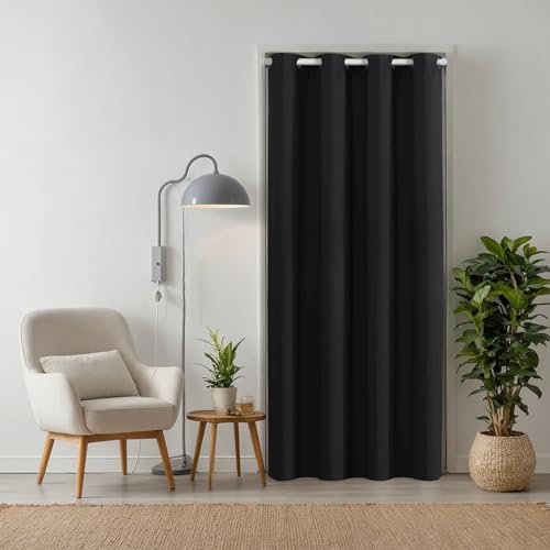 tinycurtains, Türvorhang mit Teleskopstange, einfache Montage in nur 1 Minute ohne Bohren (Türgardine schwarz H195 x B150 cm + Stange weiß B55-90 cm)