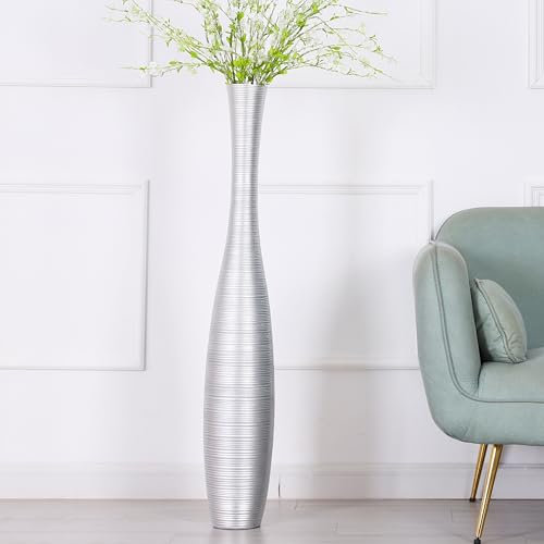 Leewadee Große Bodenvase Für Pampasgras Und Blumen, 105 cm hoch, Silber, Resin