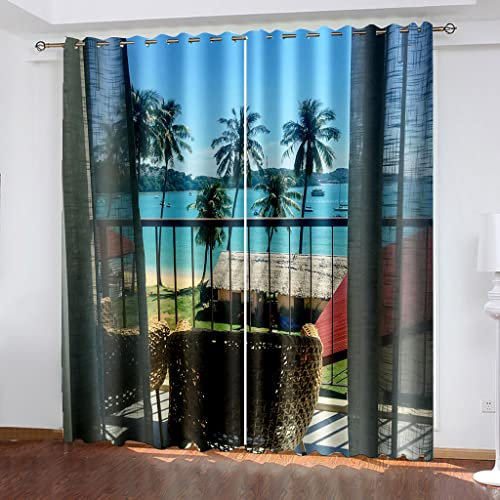 Tenda Camera Da Letto Oscurante 2 Pannelli - Tende Oscuranti Con Occhielli Termica Isolante Motivo Stampati In Vista Casa Al Mare 3D, Decorazione Da Finestre Per Interni Soggiorno 150X164cm