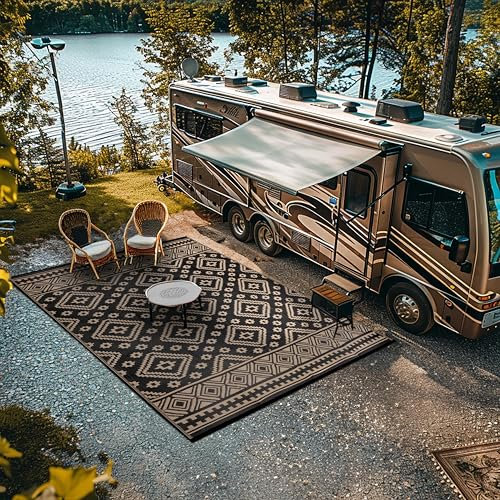 Green Decore Reversible Recycled Plastic Camping and Picnic Rugs | Perfect for Garden, Patio, Picnic, Decking | Stain And Water Resistant | Venice Black/Beige 180 x 270 cm