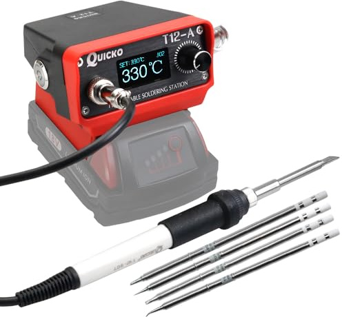 Estación de soldadura inalámbrica QUICKO T12 apta para batería Milwaukee de 18/20 V, sueño inmediato, molde de inyección, conversión °C/ºF (batería no incluida) con 5 puntas de soldador