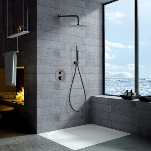 IMEX - Doccia da incasso nera termostatica | Kit rubinetteria da incasso con soffione e spruzzatore anticalcare effetto pioggia | Colonna doccia incasso con rubinetto in ottone e acciaio inox S.304 |