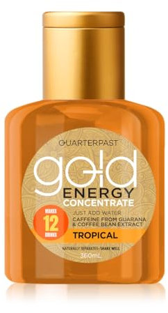 QUARTERPAST Gold Energy Concentrate. All-Natural Caffeine Kick, Just Add Water. Quick Easy Alternative to Traditional Energy Drinks. One Bottle Makes 12 Drinks. Vegan Friendly. (360ml, Tropical)