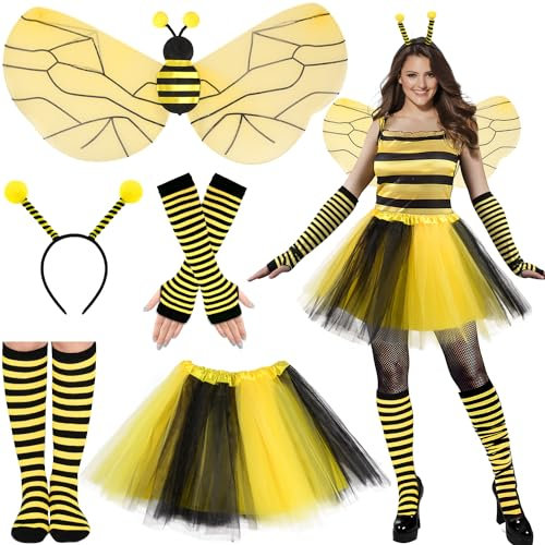 iZoeL Karneval Bienen Kostüm Damen Mädchen,Bienen Flügel Tutu Rock Bienen Haarreif Beinärmel Karneval kostüm Accessorie, Damen Mädchen Kostüm Halloween karneval Mottoparty Kostüm