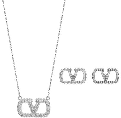 ZKZFCAI Schmuckset für Damen, Sterling Silber Hypoallergene Vergoldete Schmuck Set, Buchstabe V Geometrische Tropfen Ohrringe Gold Hängend Dupes Schmuck Geschenke für Frauen Muttertag (Silber)
