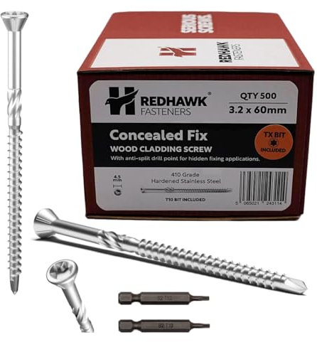 Box of 500 Redhawk Fasteners® Concealed Fix Wood Cladding Screw | Stainless Steel | T-10 Torx Drive | 2 x Driver Bits Included | 3.2 x 60mm