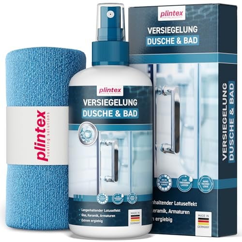 PLINTEX® Duschglas-Versiegelung für Dusche & Bad 250ml - Lotuseffekt - Nano-Glasversiegelung für Glas, Fliesen, Armaturen, Keramik inkl. Mikrofasertuch
