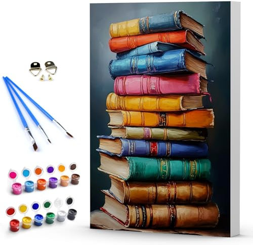 DAERLE Peinture par Numéros pour Adulte avec Cadre En Bois, Livres empilés et colorés, DIY Kit de Peinture Acrylique pour Adultes débutants, Peinture Numéros pour la Décoration de la Maison 20x30 cm