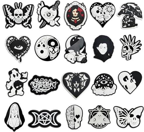 20PCS Schuhanhänger Charms Gothic Dunkler Stil, Totenkopf Schmetterling Augen Schuhdekoration Anhänger für Clog Sandalen Armbänder, Schwarzer Goth Punk EMO CLOG Schuh Charms Zubehör für Männer Frauen