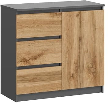 KUBUTKU Kommode Moderner Sideboard Mehrzweckschrank für Schlafzimmer Flur Wohnzimmer Büro (Grafit/Eiche Wotan, 80x97x40cm 1Türen 3Schubladen)