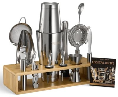 VEVOR Ensemble shaker à cocktail 13 pcs, accessoire pour barman Boston en acier inox avec support en bambou, cuillère à mélanger, doseur, passoire, verseur, cuillère à glace, zesteur de citron, argent