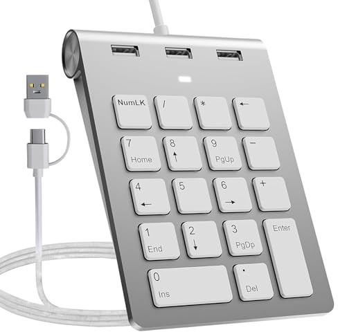 Upgraded Version Numpad Wired, Number Pad with 3 USB Ports,18 Keys, Ergonomic Mini Numeric Keypad,Portable & Function Keys for Laptop, Tablet, Notebook, PC, Desktop and More, Aluminum, Silver