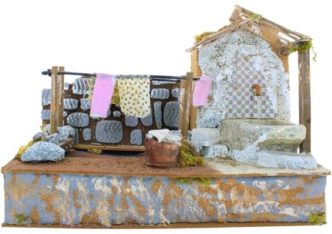 Moranduzzo Fontana Lavatoio con Pompa 33x18x25 cm – Con Ricircolo Acqua e Panni Gocciolanti, in Stile Rustico per Presepe da 10 cm – Made in Italy, Prodotto Ufficiale, Made in Italy