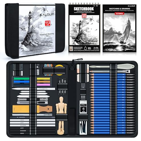 KALOUR 113-teiliges Zeichen Set, Professionelles Skizzier Set mit Graphit und Kohlebleistiften, 3-farbigem Skizzenbuch, Holzfigur, Kunstzubehör im Etui für Anfänger und Künstler