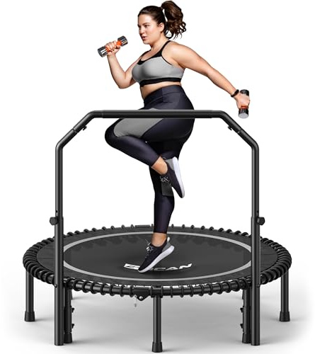 BCAN BT2 450/550LBS Mini Rebounder Trampoline for Adults with Bar, Fitness Trampoline with Bungees, Adjustable Handle, Stable & Quiet, Indoor Outdoor, Whole-Body Workout & Relaxation at Home-48IN-SLV