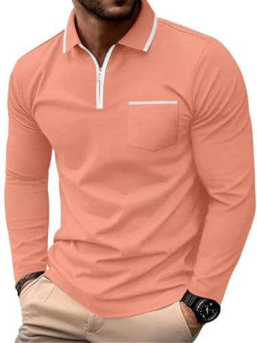 PrinStory Mens Long Sleeve Polo Shirts Quarter Zip Polo Shirts Golf Tennis Tops Casual Cotton Tee Tops With Pockets