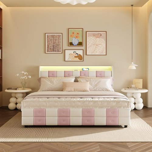 Gepolstertes Doppelbett, 140 x 190 cm mit 4 Schubladen, Polsterbett 160 x 200 cm mit USB-Anschluss, Aufbewahrungsbetten mit Lattenrost, für 2 Personen für Erwachsene und Jugendliche (Rosa + Weiß, 140