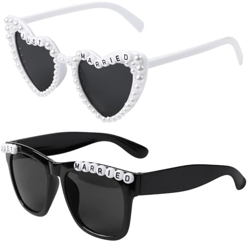 loghohu 2 paia di occhiali da sole per sposo e sposa, Just Married, occhiali a forma di cuore bianco con perle per donne, occhiali da sole quadrati neri per uomini, per matrimonio, festa, viaggio