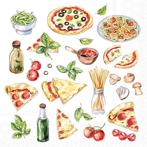 20 Servietten Essen Pizza, Spaghetti und Basilikum als Tischdeko. Papierservietten mit Motiv. Auch für Decoupage und Serviettentechnik 33x33cm