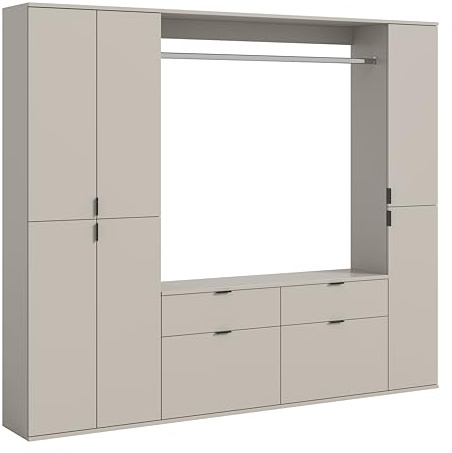 xonox.home – 3 TLG. Garderobenkombination Projekt X 212x193x34 cm in Kaschmir Melamin – Set mit breitem Hochschrank, breiter Kommode & Wandboard – Großzügige Schrankkombination für die ganze Familie