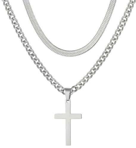 meberg Karma NH11605312 Halskette 2er Set Herren Kreuz Schlangenkette Silber od. Schwarz 60 cm Kette Herrenschmuck Kreuzkette Männer Herrenhalskette Edelstahlkette