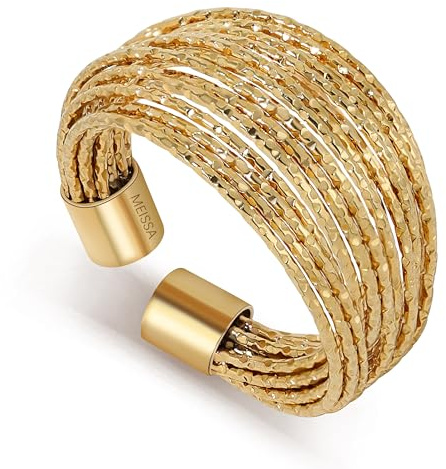 Meissa Edelstahl Breiter Ring Damen Statement Ring für Frauen Offener Verstellbarer Fingerring mit Gehämmertem Mehrreihen Design Wasserfester Schmuck