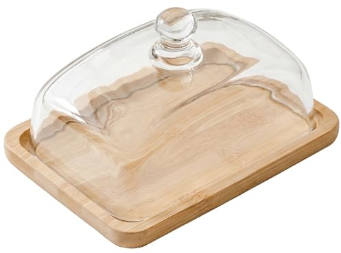 Piatto per torta con coperchio, Alzata per torta rettangolare con coperchio, Vassoio da portata in legno con copertura in vetro temperato - Colore legno naturale..