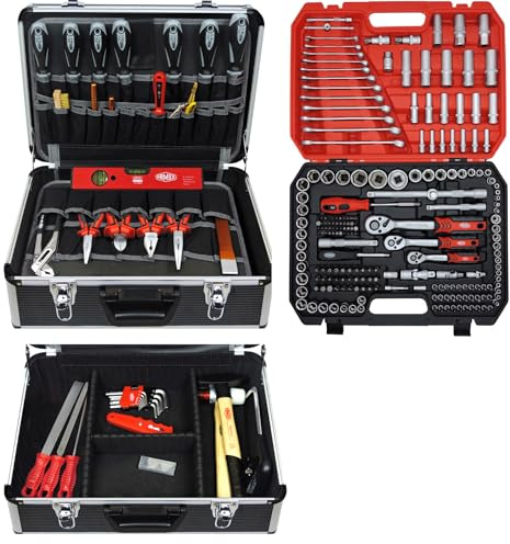 FAMEX 440-51 Profi Werkzeugkoffer gefüllt mit Werkzeug Set, viele Werkzeuge Made in Germany - ERWEITERBAR - und 219-tlg. Steckschlüsselsatz 1/2, 3/8, 1/4 - Alu-Koffer groß, Werkzeugkasten