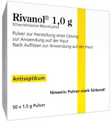 Rivanol, Pulver, für Wundreinigung und Hautdesinfektion, 50 Stück | Wundreinigung und Hautdesinfektion, Ethacridinlactat, Pulver, Packungsgröße: 50 Stück
