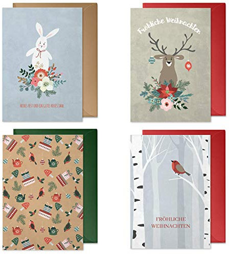 4er Weihnachtskarten Set mit Umschlägen: hochwertig, Nostalgie-Designer-Klappkarten für Kinder und Erwachsene (Schneehase, Elch, Rotkehlchen, Weihnachtsmuster ohne Text) | Recycling-Papier
