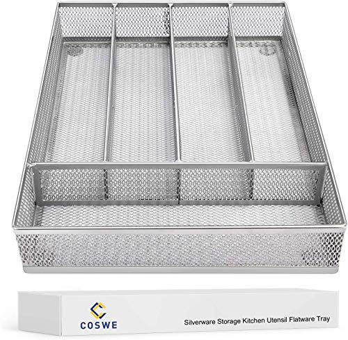 COSWE Couverts de Rangement pour tiroirs de Cuisine Argenterie Plateau à Couverts avec 5 Compartiments Marron argenté Argenté