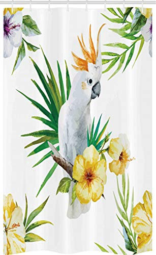 ABAKUHAUS Perroquet Rideau de Douche Stalle, Hibiscus avec des Oiseaux Sauvages, Ensemble de Salle de Bain en Tissu en Crochets, 120 x 180 cm, Jaune Vert