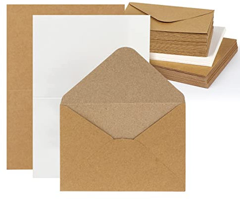 Mocraft 30 Set Vintage Kraftpapier Briefumschläge Blanko Falt-Karten mit Umschläge & Weiß Einlege-Blätter Recycling-Doppelkarten Briefumschläge für Grüße Einladung, Natur-Braun