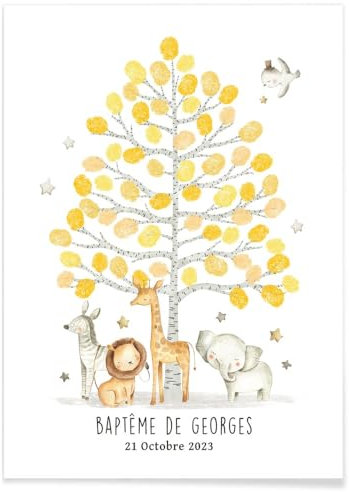 Arbre à empreintes personnalisé de baptême ou de Baby Shower | Arbre empreinte Animaux garçon et fille | Cadeau de baptême original et personnalisable bébé enfant - Impression papier A4 (Pin Animaux)