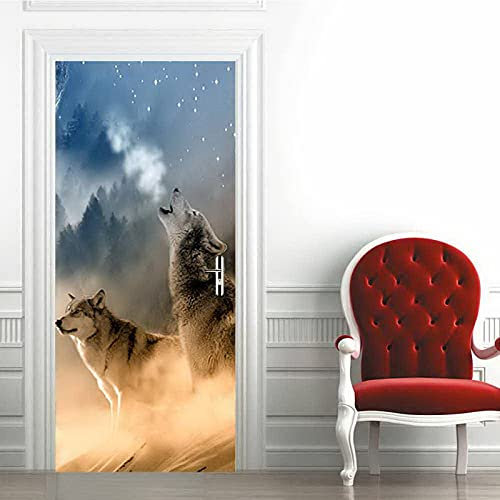 A.Monamour Türtapete Selbstklebend Türfolie Türposter 3D Heulendes Wolfspaar Wolf Im Wald Wild Tier Thema Vinyl Folie Türdeko Tapete Wandbild Türaufkleber Türtattoo 85 x 215 cm