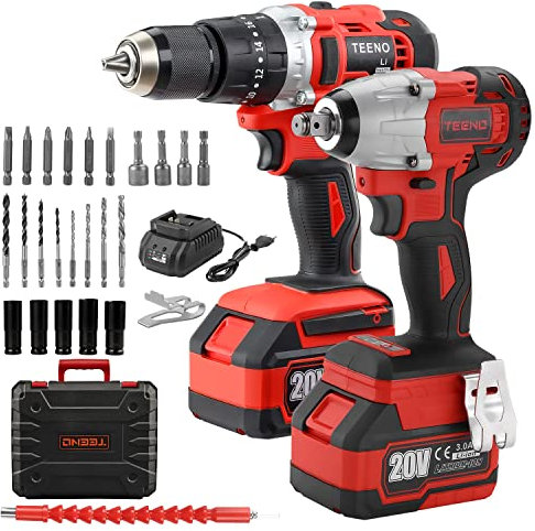 TEENO kit Trapano a Percussione e Avvitatore a impatto senza fili, 320Nm Avvitatore a urto, include 2 Batteria 3.0Ah,1 caricabatterie, 29 accessori, controllo del cambio a 2 velocità