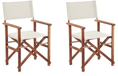 Zwei stylische Regiestühle aus dunklem Akazienholz mit cremeweißen Auflagen Cine