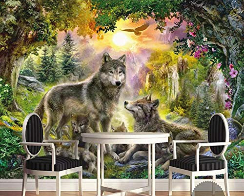 NCTQWET Photo Papier Peint Forêt loup famille 3D Intissé Décoration Murale XXL Poster Trompe l oeil Tableaux Muraux pour Salon Chambre Toile de Fond Mur 140x100cm