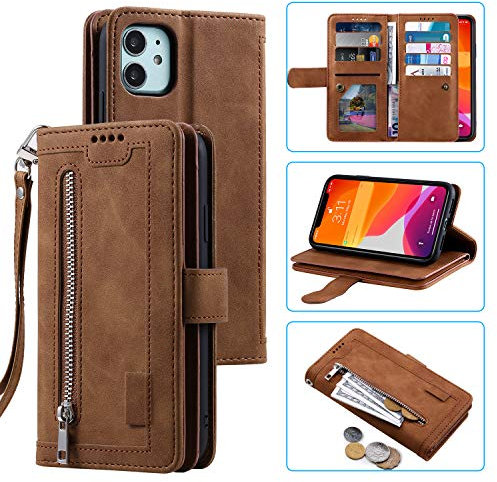 UEEBAI Wallet Case for iPhone 11 6.1, Retro 9 Card Holder Slots Zipper Pocket Handbag Case PU Leather Magnetic Closure Kickstand with Wrist Strap TPU Shockproof folio Case - Brown