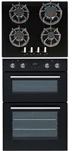 SIA 60cm DO102 Double Fan Oven, R7 4 burner Gas On Glass Hob With Cast Iron Pan Stands