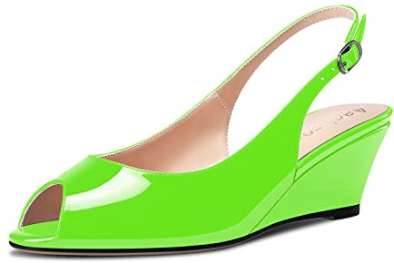 Aachcol Mujer cuña Esparto Pumps Abierta Punta Chunky Ancho Medio Heel Slingback Correa Tobillo Sandalias Dress Zapatos Fiesta Verde Lima Charol 5 CM 41 EU