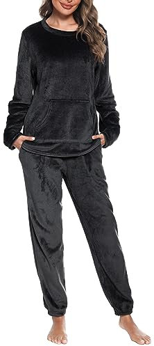 Vlazom Pigiami Due Pezzi Donna Pigiama Donna Invernale Pigiama Manica Lunga Pantaloni Pigiama Flanella Pile，B-Nero，XXL