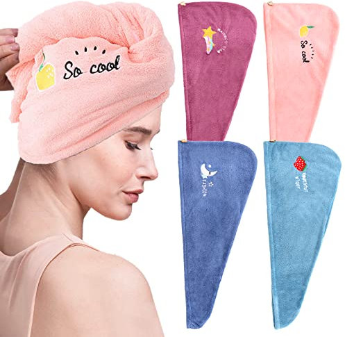 4 Stück Mikrofaser Handtuch Haare Schnell Trocknend Haartuch in 4 Farben mit Knopf, Super Saugfähig Haarturban Handtuch für Frauen und Mädchen, Schnell Trocken Salon Reisen Bad Kopf Wrap (Obst)