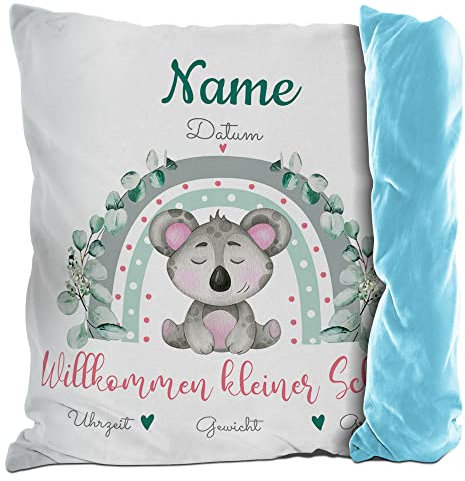 PR Print Royal Kissen mit Füllung - mit Geburtsdaten Personalisieren - Wilkommen Kleiner Schatz - Koala - Geschenke zur Geburt, Geschenkideen Geburt | inkl. Kissenfüllung, Rückseite Hellblau, 40x40cm