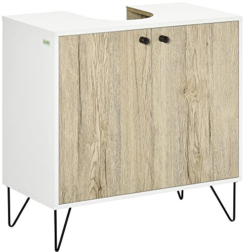 kleankin Mueble para Debajo del Lavabo de Madera Armario Bajo Lavabo Armario de Baño de Suelo con 2 Puertas Estante y Patas de Acero 60x30x60 cm Roble y Blanco