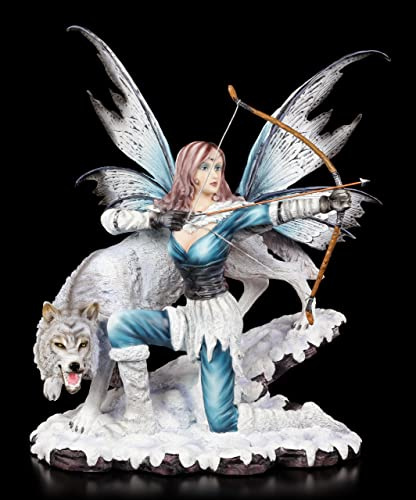 Elfen Figur mit Pfeil & Bogen und Wolf | Jägerin Kriegerin Fairy Statue