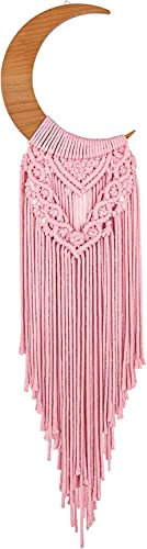 Dormitology Makramee Mond Boho Wandbehang, Rosa Böhmischer Holz Ornament mit Langer Quaste, Handgemachte Einzigartige Mondphasen Holzkunst Heimdeko für Schlafzimmer Kinderzimmer Wohnzimmer