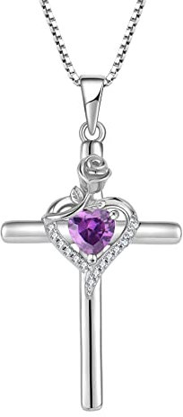 FJ Collier Croix pour Femme Argent Sterling 925 Collier Améthyste Pendentif Pierre de Naissance Février Collier Fleur de Rose Bijoux Cadeaux pour Femme Fille