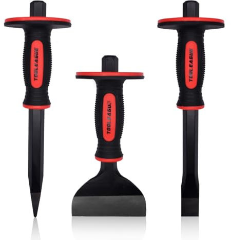 TOOLEAGUE 3Pcs Heavy Duty Masonry Chisel Set, Stone and Rock Tool,11-Inch Point & Flat Chisel, 8-Inch Brick Chisel with Hand Protection